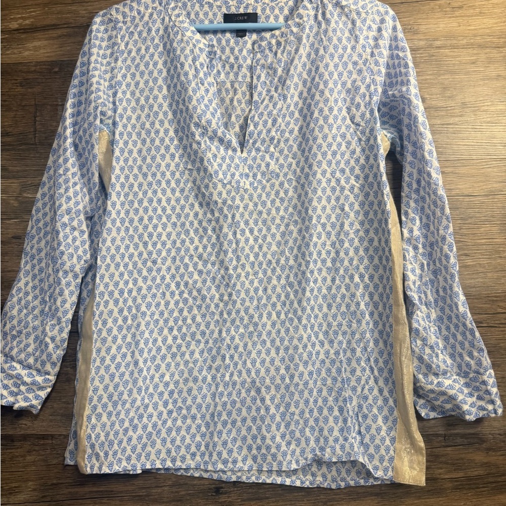 J. Crew Blue and White Printed Long-Sleeve Tunic Blouse